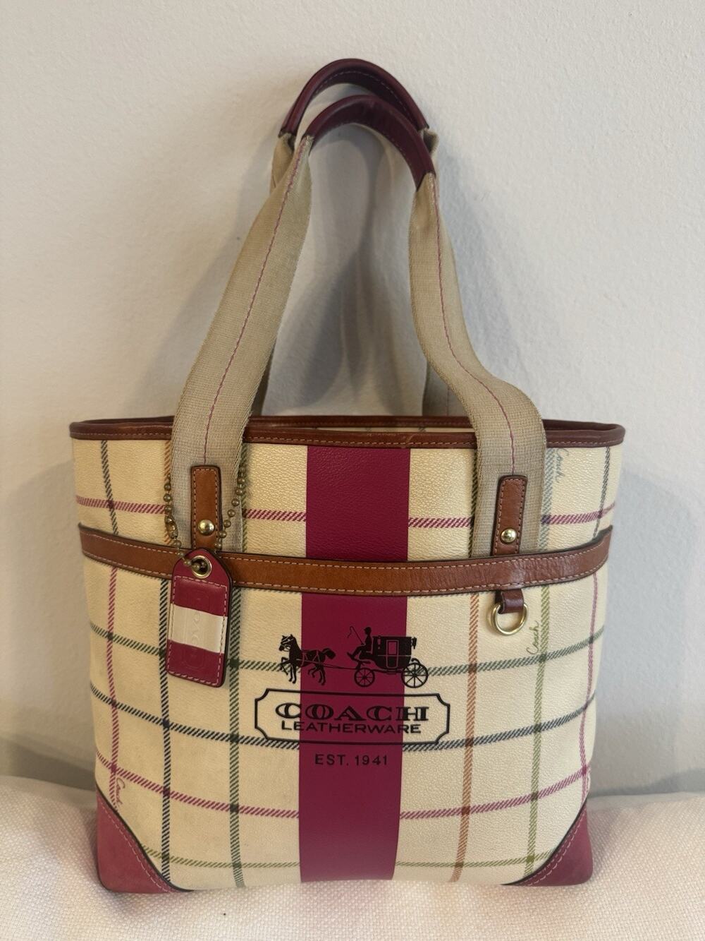 Coach Heritage Plaid Tote, Double Handles + Matching Wallet, Logo Tag Accent